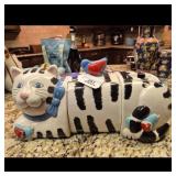 Ceramic Cat Cookie Jar with Birds
