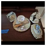 Crystal Clock, Porcelain Figurine, and Trinkets