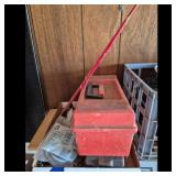 Metal Toolbox with Red Handle and Wooden Stick