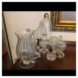 Glass Hurricane Lamp, Candlesticks, and Turkey