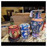 Decorative Vase and Two Hand-Painted Containers