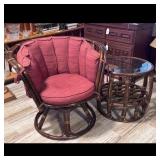 Rattan Swivel Chair and Side Table with Red Cushio