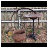 Cast Iron Pot, Bird Bath, and Metal Stand