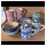 Blue and White Porcelain Mugs, Bowls, and Plates