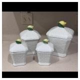 Set of 4 White Ceramic Canisters, Lemon Tops