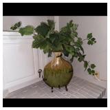 Green Ceramic Vase with Metal Stand, Greenery