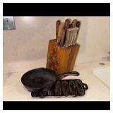 Cast Iron Skillet, Cornbread Pan, Knife Set