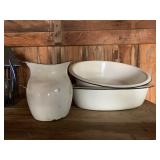 Enamelware pitcher & 2 bowls