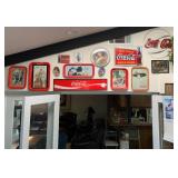 Coke serving trays, signs, thermometer Coke serving trays, signs, thermometer