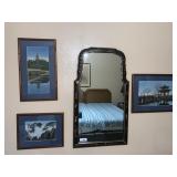 Wall mirror and 3 Asian prints Wall mirror and 3 Asian prints