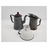 Graniteware coffee pot, pitcher, funnels