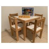 Child's table with 4 chairs, 2 tea sets