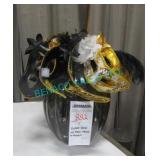 1X, GLASS VASE W/ DECO MASKS + FABRIC