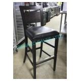 10X,DARK STAINED BAR STOOLS W/ BLACK PADED SEATS.