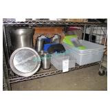 LOT, SHELF OF BUS BINS, SOUP INSERTS, SIGN