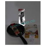 LOT, 5KG DIGI SCALE, KNIFE SHARPENER, 2X FRY PANS