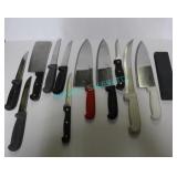 LOT, 11X ASST. KITCHEN KNIVES + SHARPENING STONE