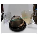 LOT, MEASURE CONTAINERS, FRY PAN + COPPER COVERS