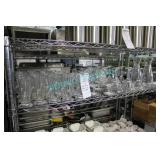 LOT, SHELF OF BAR GLASSES + 1L WINE DECANTERS