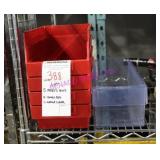 LOT, 5 PCS BINS , 4- SMALL RED & 1- LARGE CLEAR