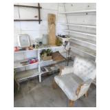 Various Items on Shelves & Chair & Brass Lamp