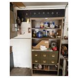 Metal Shelf w/Contents & Black Peg Board Above