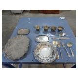 Silver Plate Trays, Cups, Utensils