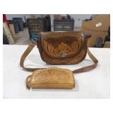 Leather Floral Tooled Handbag w/Strap, &