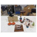Assorted Figurines, Maracas, Vintage Microscope,