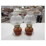 2-Amber Bottom Oil Lamps w/Frosted Glass Globes