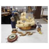 Wooden Sail Boat, Carved Sailor & Pelican,