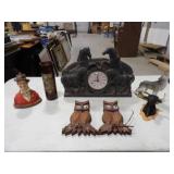2-Wooden Owl Plaques, Plastic Horse Clock,