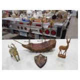 Wooden Pirate Ship, Brass Elk, Key Holder,