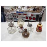 5 Smaller Various Oil Lamp Bases, 2 Have Chimneys