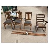 3 Walnut Chairs, 1 Wooden Rocker, Janoy Skis