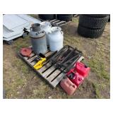 3 Cream Cans, 3 Gas Cans, Tree Stand, Grinder, &