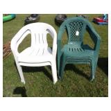3 Green, 2 White Plastic Lawn Chairs