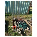 Tomato Cages, 3-Ext. Cords, Hose, Misc Rakes/Tools