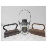 Vintage Adlake Kerosene Lamp, 2-Cast Clothes Irons