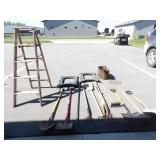 Various Shovels, Pitch Forks, Wood Ladder, &