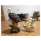Primitive Material Sailboat, Eagle Statue 15inT