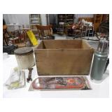 Wood Crate, Tin Can w/Bowling Balls, Vtg Thermos,
