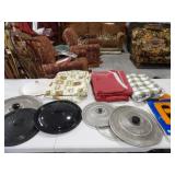 3 Table Cloths, 7 Lids, MIsc