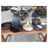 2-Frying Pans, 2-Enamel Kettles w/Lids, Misc