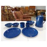 Enamel Coffee Pot, 2 Mugs, 2 Plates, 3 Bowls