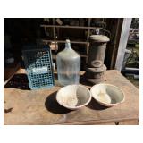 2-Bowls, Bridgeman Plastic Crate, Glass Jug, Stove
