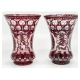 Pair of Bohemian Red Cut to Clear Vases