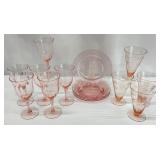 14 Pc Pink Depression Glass Stems & Plates
