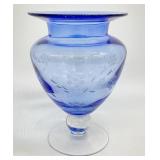 Etched Cobalt Blue Footed Vase