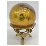 Gold Crackle Art Glass Orb Ball on Brass Stand